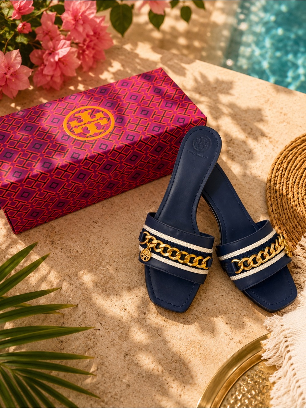 Tory Burch Navy & White Chain-Trim Slide Mules